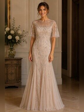 Adrianna Papell Biscotti Beaded Embellished Tulle Gown NWT Size 10 Ptp 18-19